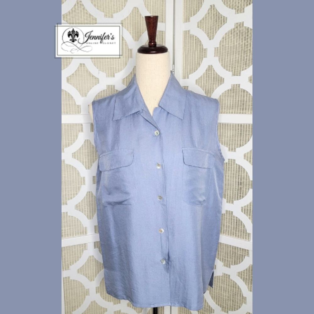 Silk Essentials Women's Blue Silk Collared Sleeveless Blouse Size M